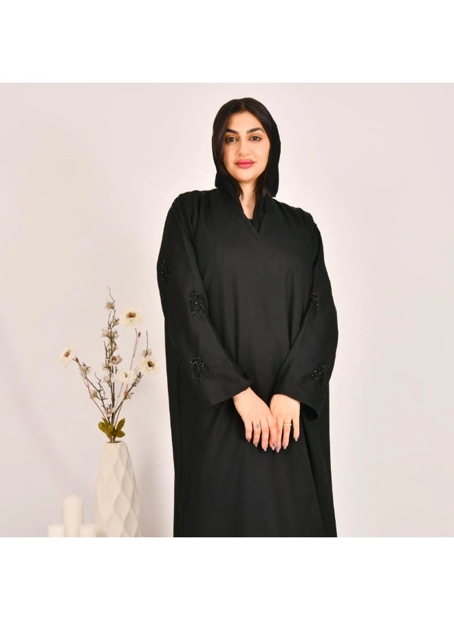 beyond abaya Black wrap abaya with delicate embroidery on the sleeves - Image 2