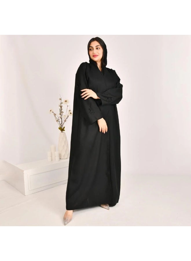 beyond abaya Black wrap abaya with delicate embroidery on the sleeves - Image 5