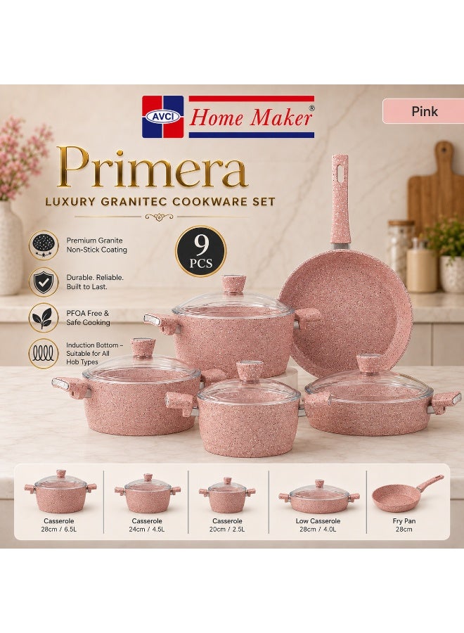 AVCI Home Maker Primera Luxury Granitec 9 Piece Non-Stick Cookware Set With Glass Lids, Induction Bottom - Image 1