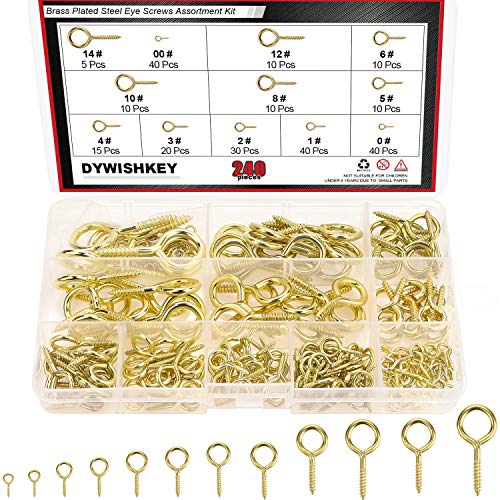 DYWISHKEY 240PCS 12 Sizes Brass Plated Steel Eye Bolts Screw Eyes Assortment Kit - Image 1