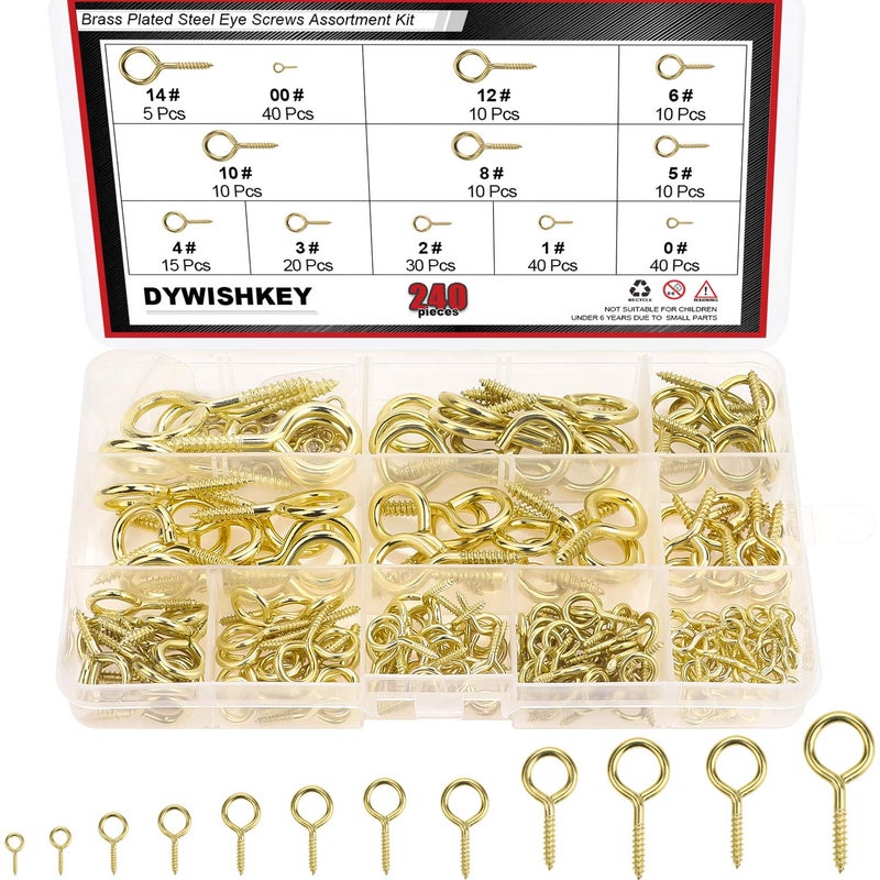 DYWISHKEY 240PCS 12 Sizes Brass Plated Steel Eye Bolts Screw Eyes Assortment Kit - Image 2