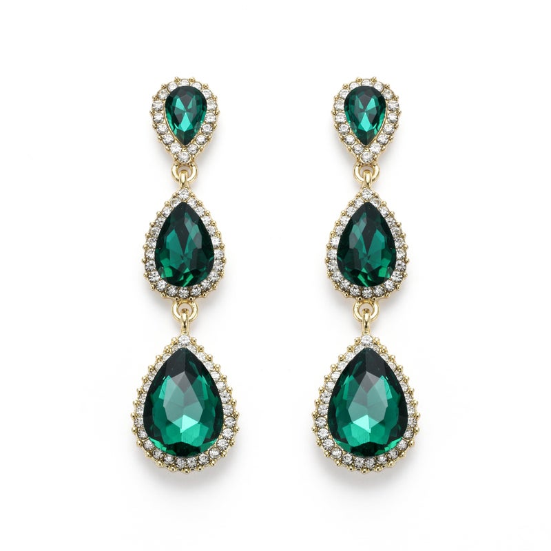 EleQueen Women's Gold-tone Crystal Teardrop Pear Shape 2.5 Inch Long Dangle Earrings Emerald Color