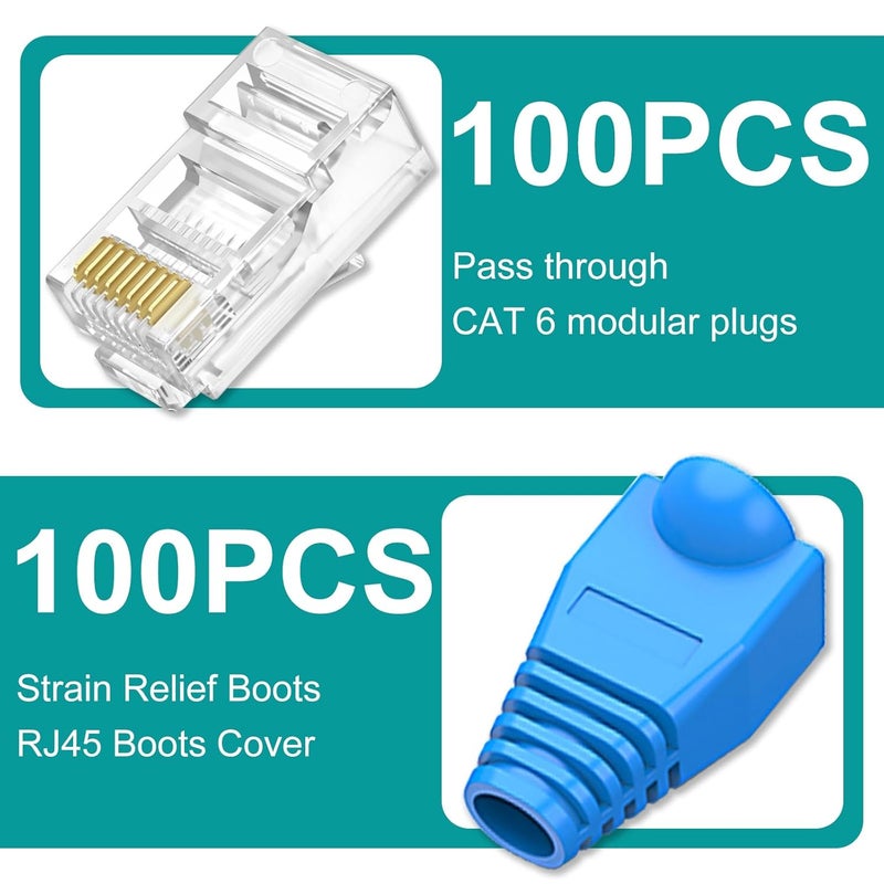 Brileine عبوة المكونة من 100 وصلة RJ45 من نوع Cat6 قابلة للمرور، مزودة بغطاء للأجزاء الخارجية من الوصلات (وصلات من نوع Cat6/Cat5e/أطراف إيثرنت/Cat6/مقابس قابلة للتوصيل من نوع RJ45)، مناسبة لكابلات UTP سواء كانت مفردة أو متعددة الأسلاك. - Image 2