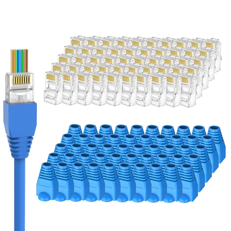 Brileine عبوة المكونة من 100 وصلة RJ45 من نوع Cat6 قابلة للمرور، مزودة بغطاء للأجزاء الخارجية من الوصلات (وصلات من نوع Cat6/Cat5e/أطراف إيثرنت/Cat6/مقابس قابلة للتوصيل من نوع RJ45)، مناسبة لكابلات UTP سواء كانت مفردة أو متعددة الأسلاك. - Image 1