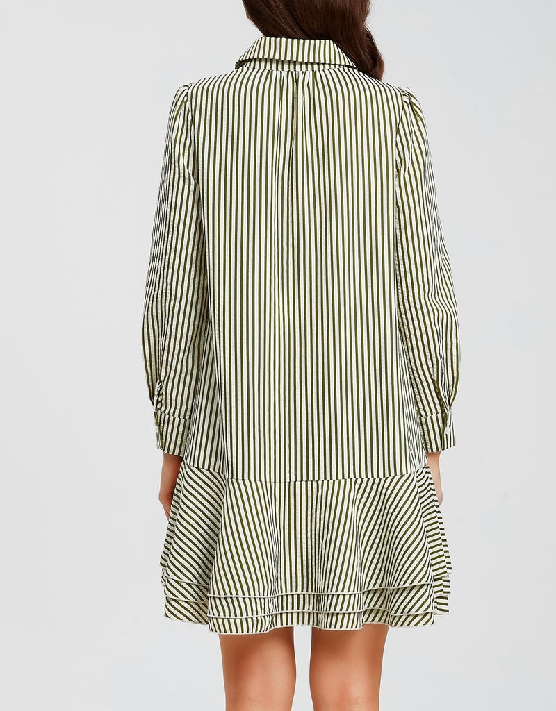 Ladyful Long Sleeve Striped Shirt Mini Dress for Women Button Down Ruffle Tiered Drop Waist Shift Tunic Short Dress Green - Image 5