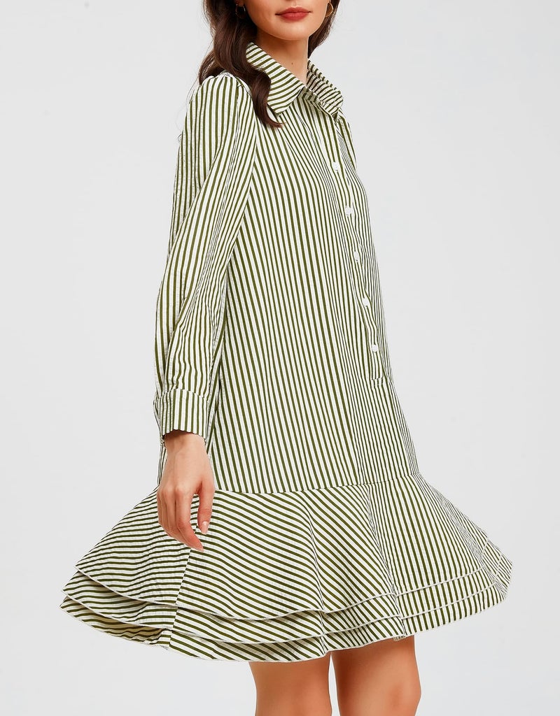 Ladyful Long Sleeve Striped Shirt Mini Dress for Women Button Down Ruffle Tiered Drop Waist Shift Tunic Short Dress Green - Image 4