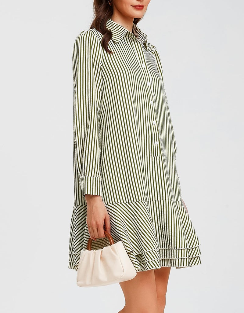Ladyful Long Sleeve Striped Shirt Mini Dress for Women Button Down Ruffle Tiered Drop Waist Shift Tunic Short Dress Green - Image 2