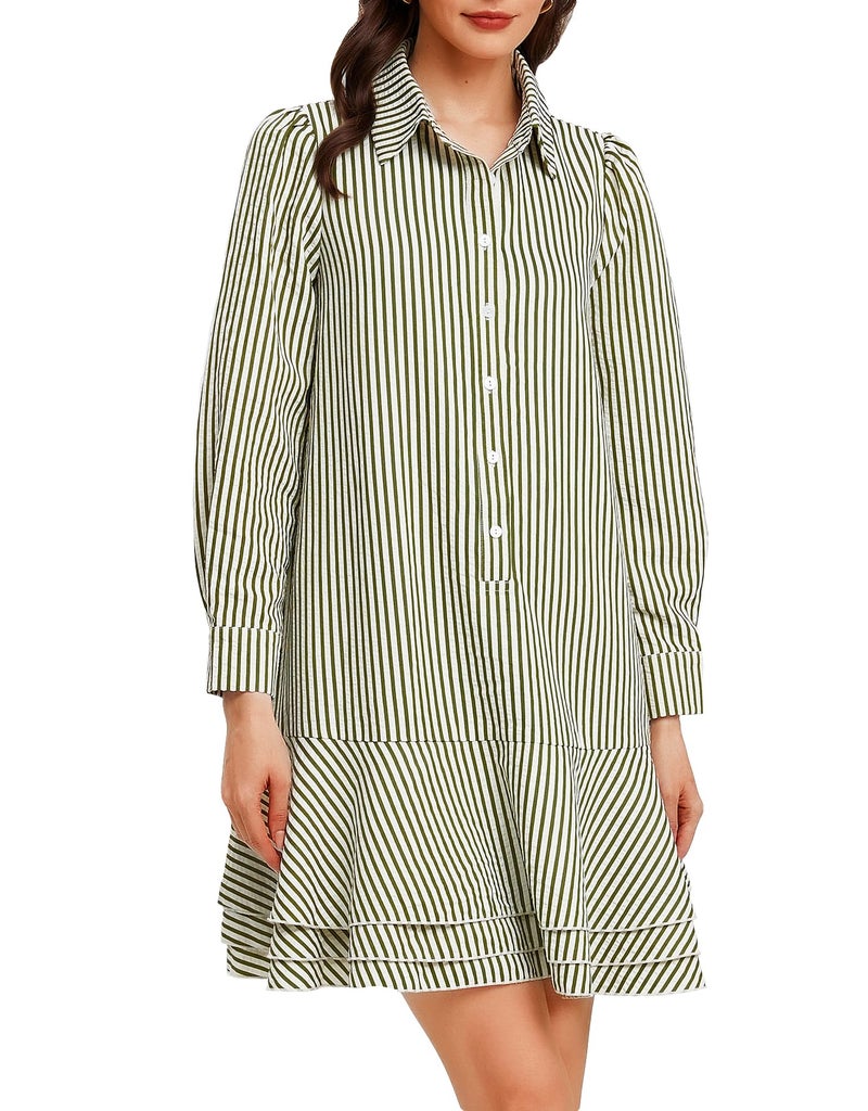 Ladyful Long Sleeve Striped Shirt Mini Dress for Women Button Down Ruffle Tiered Drop Waist Shift Tunic Short Dress Green - Image 1