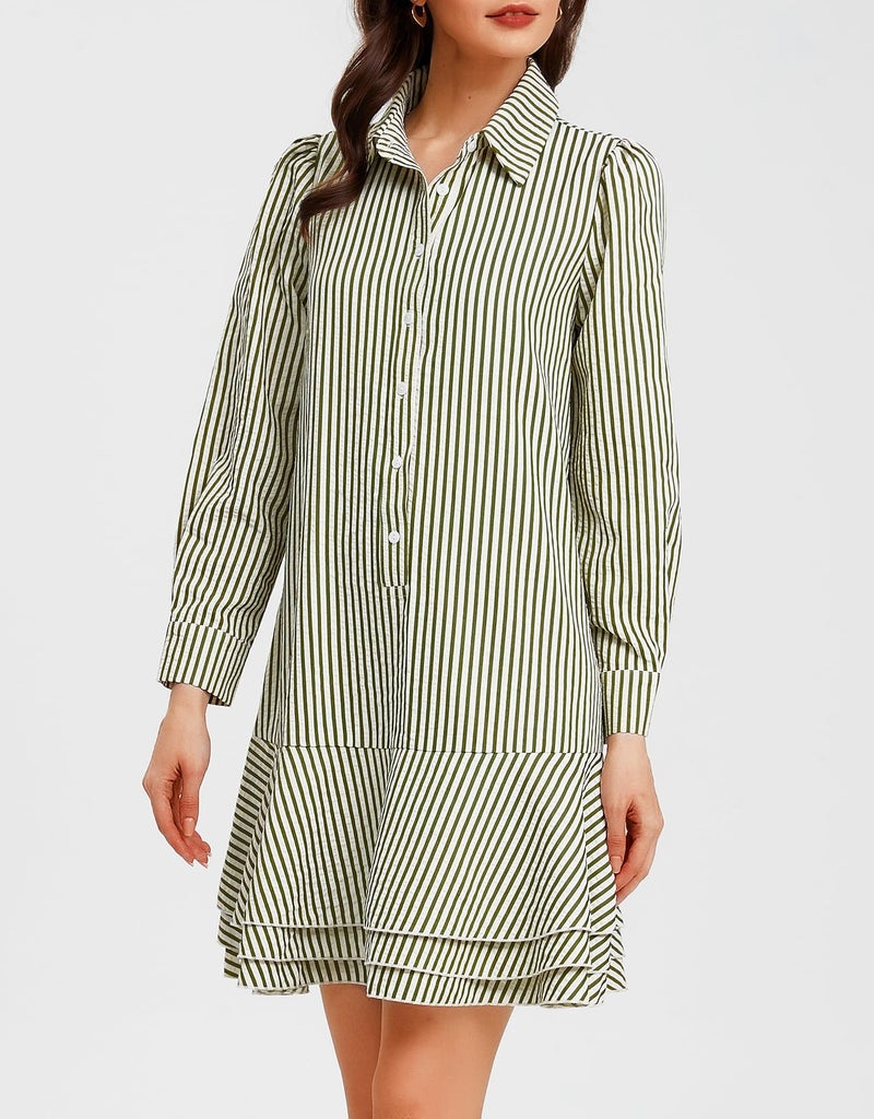 Ladyful Long Sleeve Striped Shirt Mini Dress for Women Button Down Ruffle Tiered Drop Waist Shift Tunic Short Dress Green - Image 3