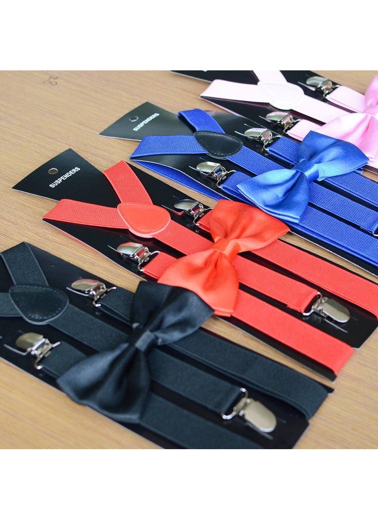 Generic Kids Adult Solid Black Suspenders Bowtie Set Pale Leather Pink Suit 