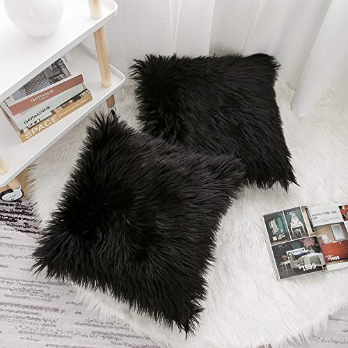 WLNUI Set of 2 Black Halloween Decorative Pillow Covers New Luxury Series Merino Style Faux Fur Fluffy Throw Pillow Covers Square Fuzzy Cushion Case for Sofa Bedroom Living Room Home Decor 18x18 Inch - Image 4
