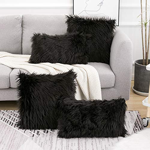 WLNUI Set of 2 Black Halloween Decorative Pillow Covers New Luxury Series Merino Style Faux Fur Fluffy Throw Pillow Covers Square Fuzzy Cushion Case for Sofa Bedroom Living Room Home Decor 18x18 Inch - Image 5