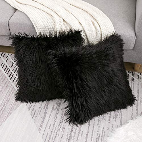 WLNUI Set of 2 Black Halloween Decorative Pillow Covers New Luxury Series Merino Style Faux Fur Fluffy Throw Pillow Covers Square Fuzzy Cushion Case for Sofa Bedroom Living Room Home Decor 18x18 Inch - Image 3