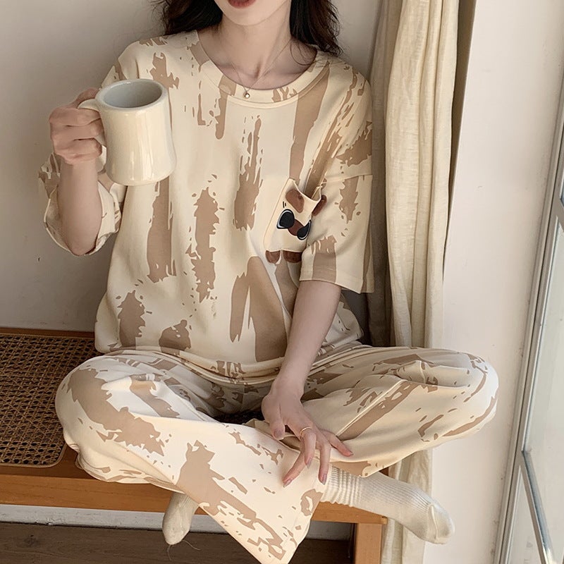 Pajamas womens summer cotton high quality short-sleeved trousers pullover striped cartoon sweet female student casual home wearHMF-33501 HMF-33501