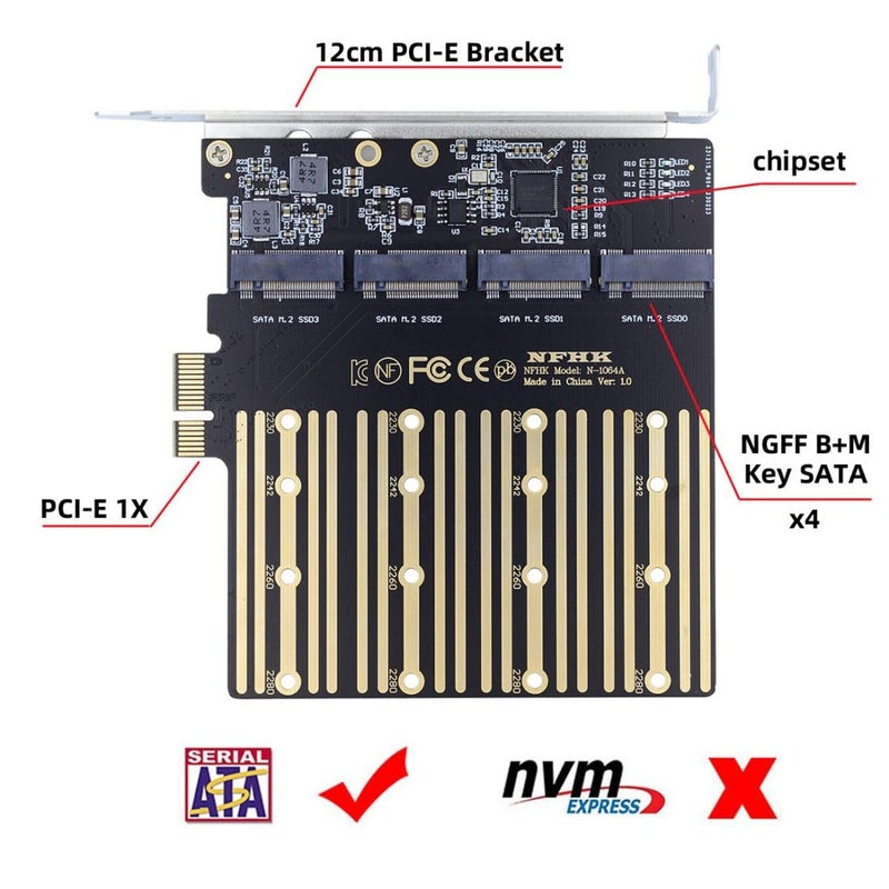 Chenyang M.2 SSD to PCI-E X1 Adapter 4 SATA SSD to PCIe 3.0/4.0 Expansion Card Adapter ASM1064 Chipset with 12cm PCI-E Bracket - Image 2