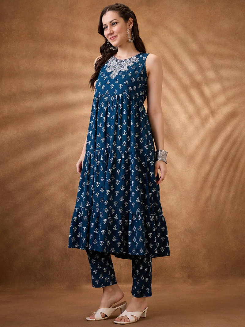 globus Globus Women Blue Embroidered Yoke Floral Print Tiered A-Line Kurta With Narrow Pants Set