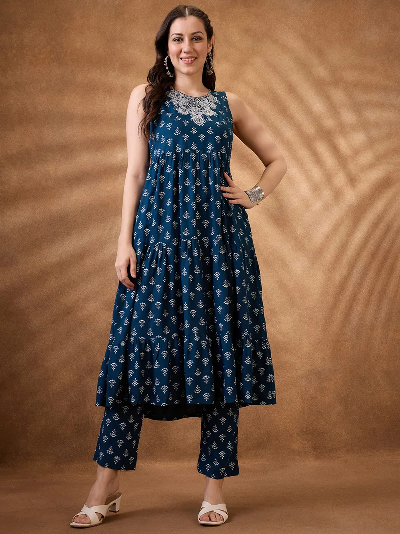 globus Globus Women Blue Embroidered Yoke Floral Print Tiered A-Line Kurta With Narrow Pants Set