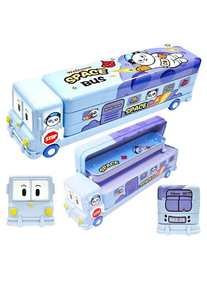 Brand Conquer - Bus Shape Pencil Box School Bus Metal Geometry Box For Kids Magic Bus With Moving Tyres With 3 Compartments Moving Tyre'S & Sharpener Geometry Case For Boys & Girls (Panda Bus), Blue - Image 1