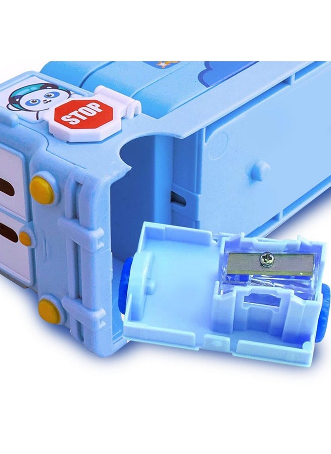 Brand Conquer - Bus Shape Pencil Box School Bus Metal Geometry Box For Kids Magic Bus With Moving Tyres With 3 Compartments Moving Tyre'S & Sharpener Geometry Case For Boys & Girls (Panda Bus), Blue - Image 1