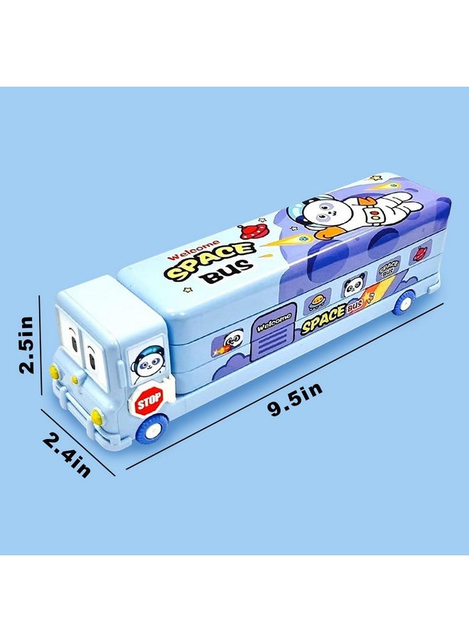 Brand Conquer - Bus Shape Pencil Box School Bus Metal Geometry Box For Kids Magic Bus With Moving Tyres With 3 Compartments Moving Tyre'S & Sharpener Geometry Case For Boys & Girls (Panda Bus), Blue - Image 1