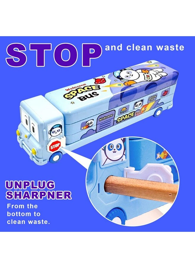 Brand Conquer - Bus Shape Pencil Box School Bus Metal Geometry Box For Kids Magic Bus With Moving Tyres With 3 Compartments Moving Tyre'S & Sharpener Geometry Case For Boys & Girls (Panda Bus), Blue - Image 1