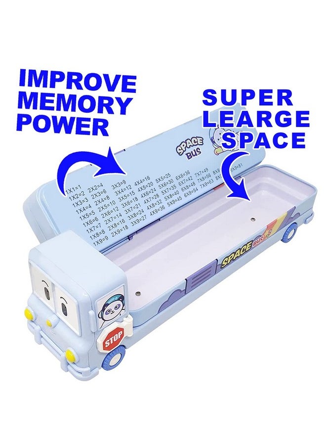 Brand Conquer - Bus Shape Pencil Box School Bus Metal Geometry Box For Kids Magic Bus With Moving Tyres With 3 Compartments Moving Tyre'S & Sharpener Geometry Case For Boys & Girls (Panda Bus), Blue - Image 1