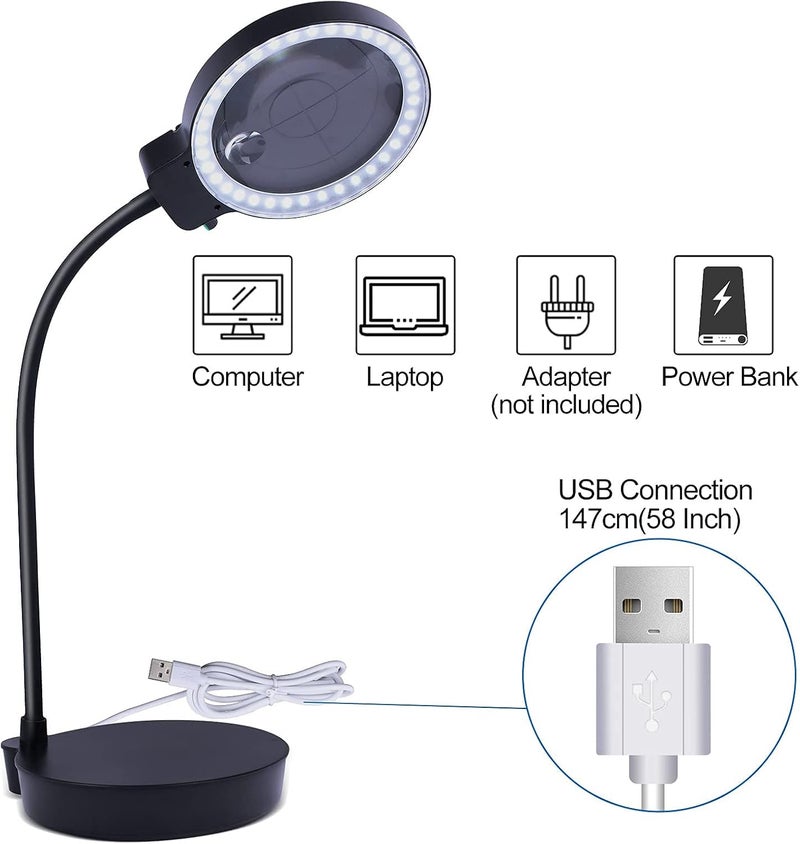 كاست ويف عدسة مكبرة مع ضوء وحامل، مصباح مكتبي مكبر 10 مرات 20 مرة مع سطوع قابل للتعتيم بدون خطوات، عنق إوزة قابل للتعديل للقراءة والعمل عن قرب والهوايات - Image 3