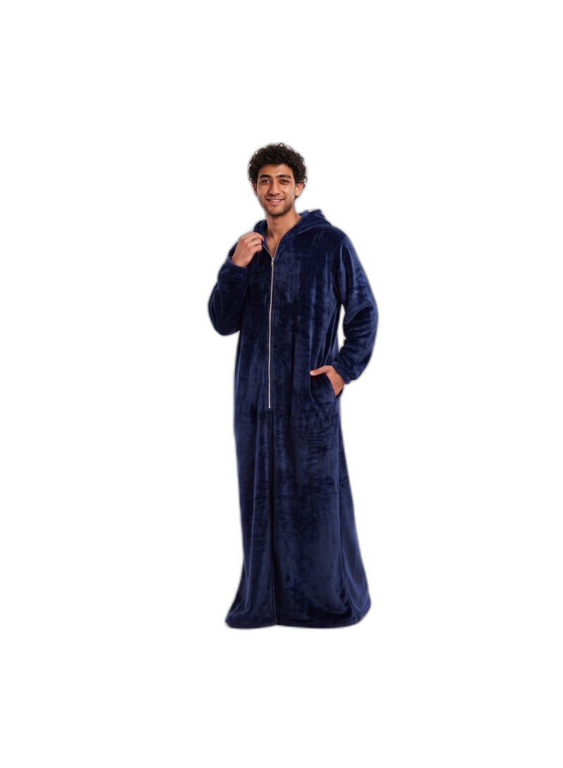 Men's Long Hooded Fleece Robe - Full Zip Plush Lounge Robe with Side Pockets and Elastic Cuffs - Navy