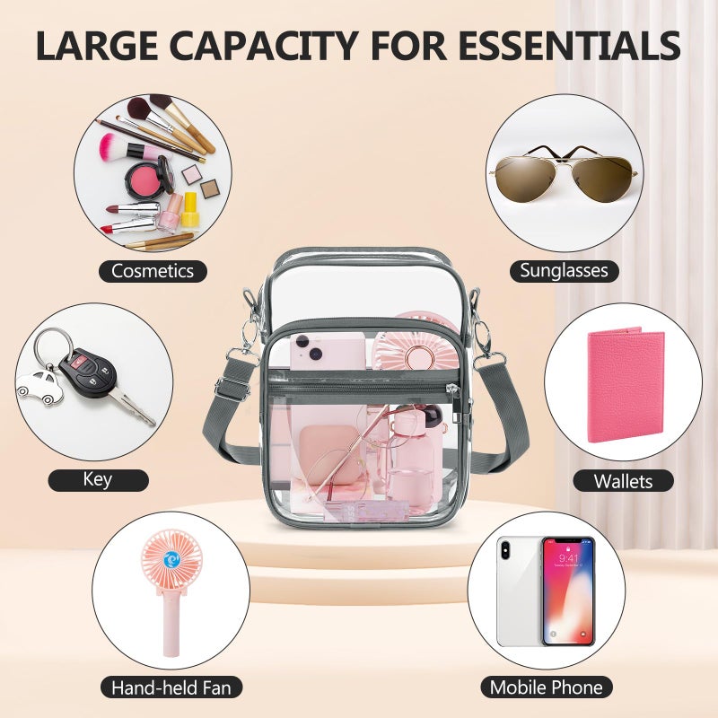 Blvornl Clear Crossbody Bag with Adjustable Shoulder Strap, Stadium Approved PVC Purse Bag with Front Pocket, Messenger Bag for Women and Men for Concerts Sports Events (Grey) - Image 5