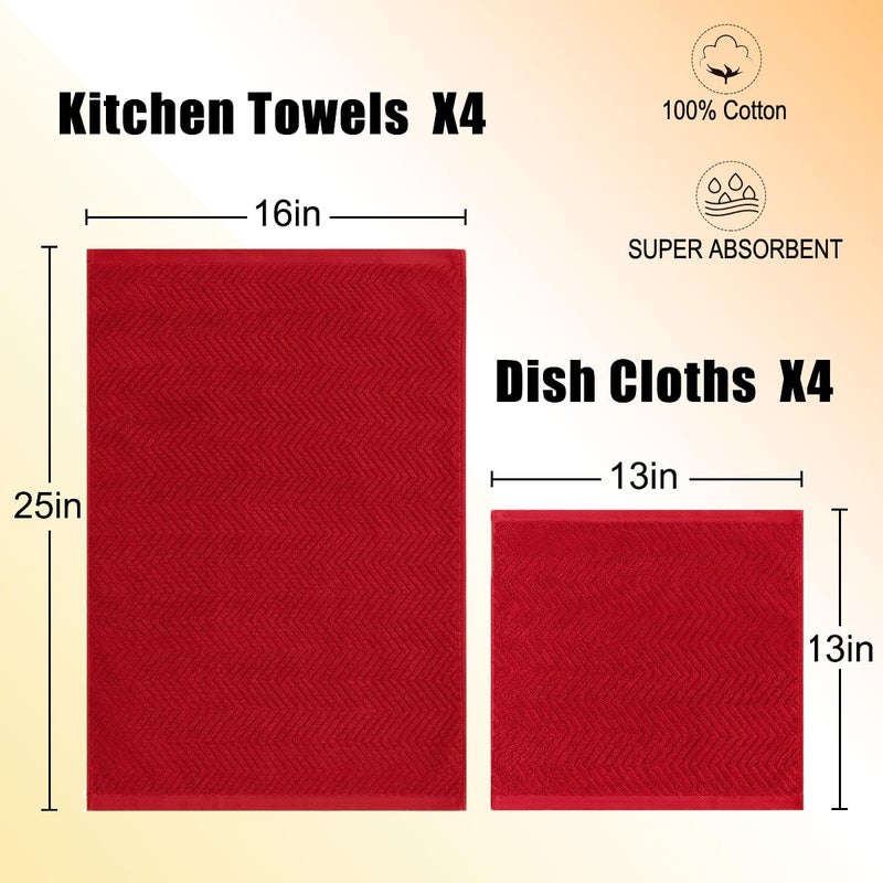 QAJ 100% Cotton Kitchen Towels and Dishcloths Set, Pack of 8 Super Absorbent 16" x 25" Kitchen Towels and 13" x 13" Dish Cloths (400 GSM) - Image 3
