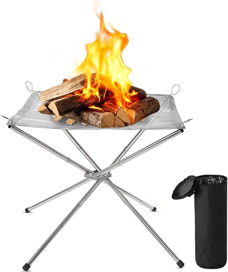 Collapsing Firewood Stand, 22 in Outdoor Fire Pit, Stainless Steel Mesh Fireplace, Portable with Carrying Bag, Easy to Assemble Fire Rack for Camping, BBQ - Image 1