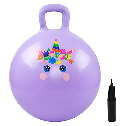 EVERICH TOY كرة قفز EVERICH، ألعاب قفز وحيد القرن للأطفال، كرة قفز بقطر 18 بوصة مع مقبض، كرة قفز قابلة للنفخ باللون الأرجواني، هدايا للأطفال من الأولاد والبنات - Image 1
