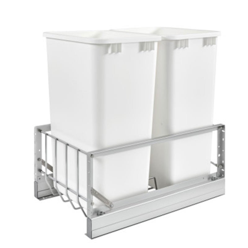 Rev-A-Shelf RevAShelf Double Pullout Waste Container Storage for Kitchen Base Cabinets 50 Qt Trash Cans with SoftClose Slides Silver  White 53492150DM2 