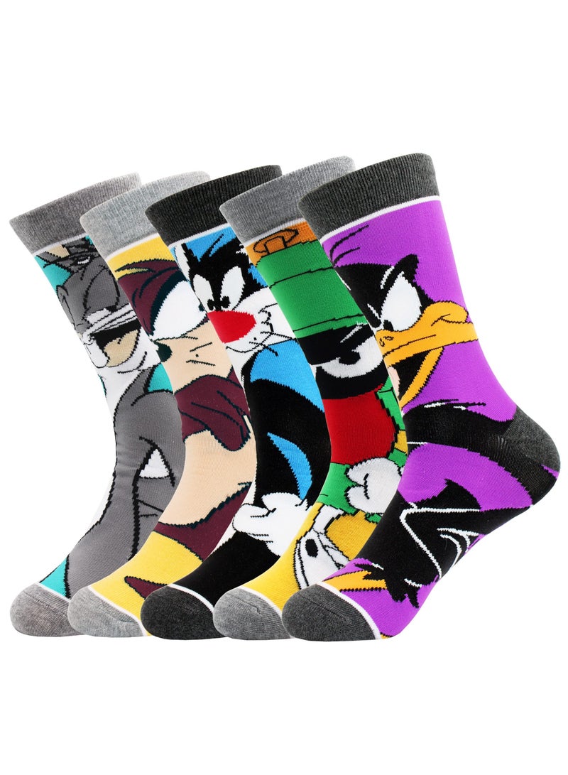SOLARAE Colorful Cartoon Socks for Men - 5 Pack of Fun and Quirky Character Patterned Cotton Dress Crew Socks for Women, Fits Size 9-12, Perfect for Adding a Touch of Whimsy to Your Wardrobe! - Image 1