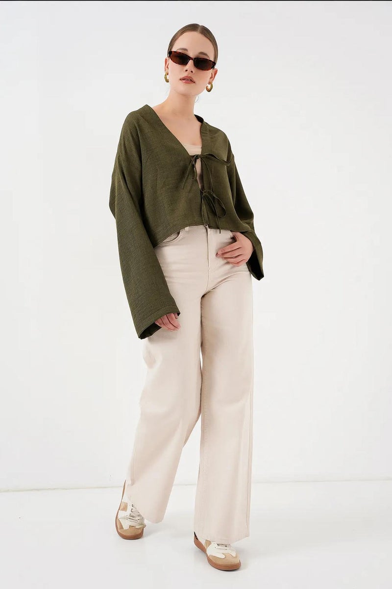 BIG DART BDART Viscose Blend V-Neck Long Sleeve Kimono with Binding Detail - Image 2