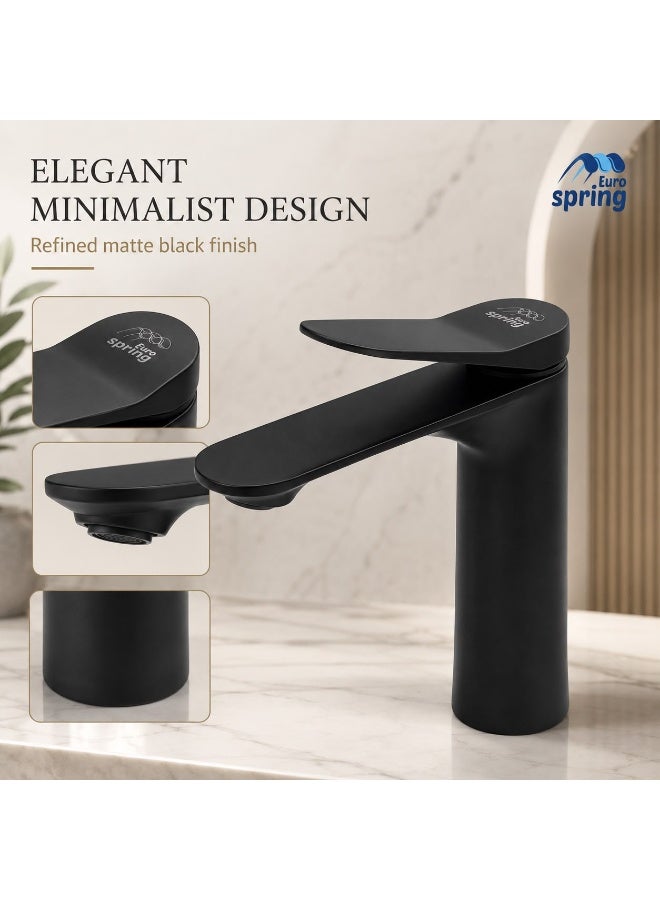 Euro Spring Eurospring Premium Matte Black Basin Faucet 100% Brass Body Single Lever Contemporary Bathroom Sink Mixer Tap Corrosion Resistant - Image 3