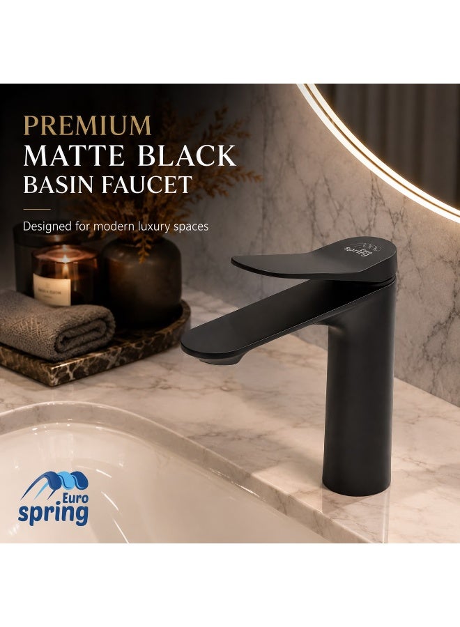 Euro Spring Eurospring Premium Matte Black Basin Faucet 100% Brass Body Single Lever Contemporary Bathroom Sink Mixer Tap Corrosion Resistant - Image 2