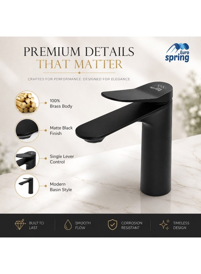 Euro Spring Eurospring Premium Matte Black Basin Faucet 100% Brass Body Single Lever Contemporary Bathroom Sink Mixer Tap Corrosion Resistant - Image 5
