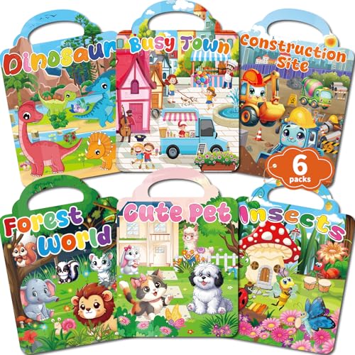 Kalysky 6 Set Reusable Sticker Books for Toddlers 13 24 Kids 3D Puffy Stickers Dinosaurs Forest Town Pets Construction Insects Sticker Activity Books - Image 1