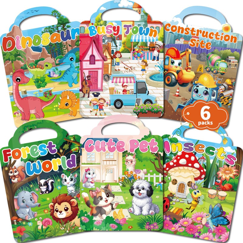 Kalysky 6 Set Reusable Sticker Books for Toddlers 13 24 Kids 3D Puffy Stickers Dinosaurs Forest Town Pets Construction Insects Sticker Activity Books - Image 2