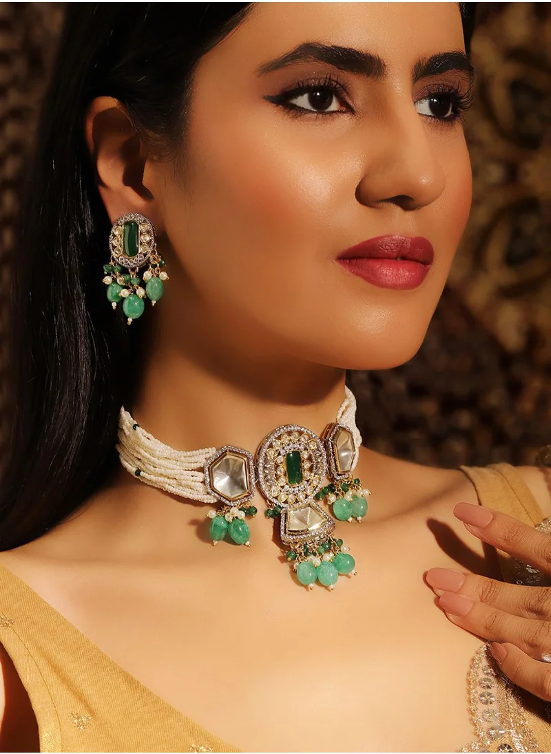 برياسي Emerald  Kundan Studded Beaded Jewellery Set