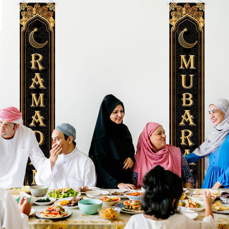 OTTPOOM Ramadan Decorations for Home Black and Gold Eid Decorations Mubarak Porch Door Sign Ramadan Decor Party Favor Hang Ramadan Mubarak Banner Outdoor Holiday Welcome Banner for Party Supplies - Image 4