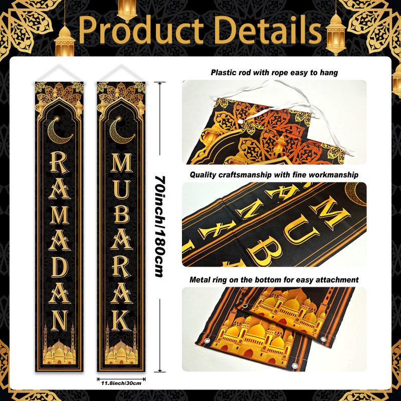 OTTPOOM Ramadan Decorations for Home Black and Gold Eid Decorations Mubarak Porch Door Sign Ramadan Decor Party Favor Hang Ramadan Mubarak Banner Outdoor Holiday Welcome Banner for Party Supplies - Image 2