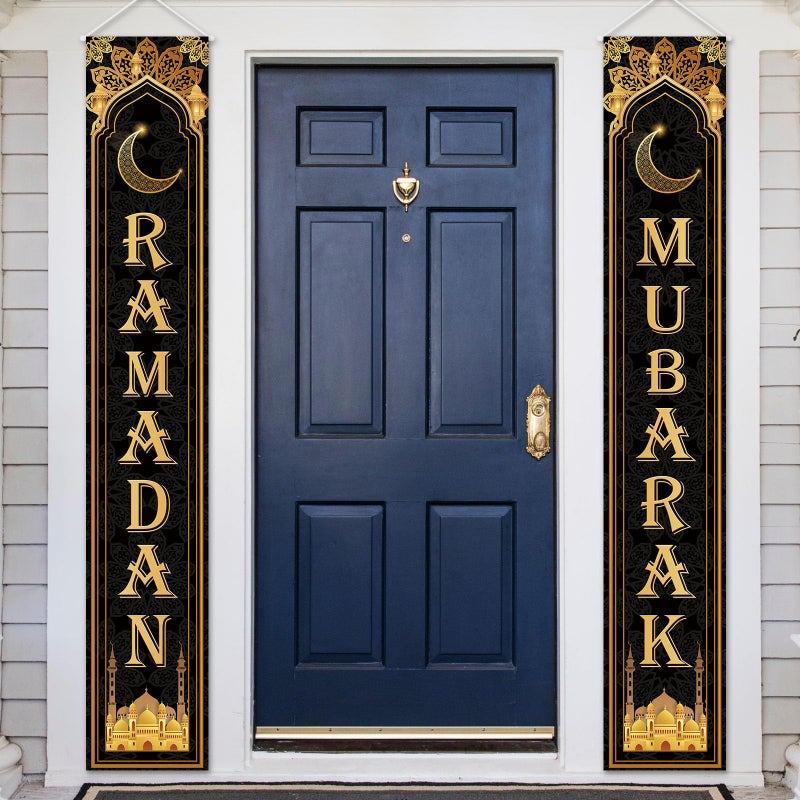 OTTPOOM Ramadan Decorations for Home Black and Gold Eid Decorations Mubarak Porch Door Sign Ramadan Decor Party Favor Hang Ramadan Mubarak Banner Outdoor Holiday Welcome Banner for Party Supplies - Image 1