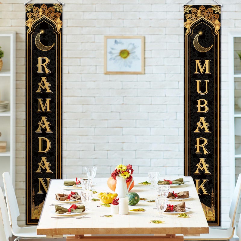 OTTPOOM Ramadan Decorations for Home Black and Gold Eid Decorations Mubarak Porch Door Sign Ramadan Decor Party Favor Hang Ramadan Mubarak Banner Outdoor Holiday Welcome Banner for Party Supplies - Image 5