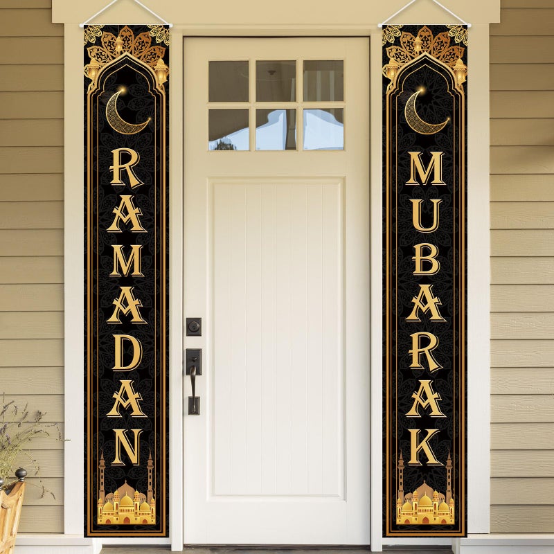 OTTPOOM Ramadan Decorations for Home Black and Gold Eid Decorations Mubarak Porch Door Sign Ramadan Decor Party Favor Hang Ramadan Mubarak Banner Outdoor Holiday Welcome Banner for Party Supplies - Image 3
