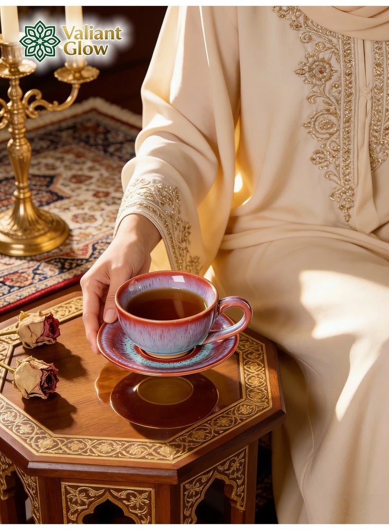 توهج شجاع طقم أكواب قهوة سيراميك | كوب قهوة عربي | كوب قهوة تركي | كوب قهوة مع صحن | أحمر | 150 مل - Image 1