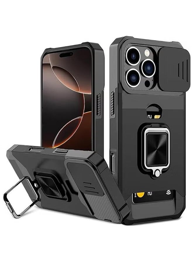 iPhone 16 Pro Case Cover with [Card Holder] [Slide Camera Cover] [360° Rotate Ring Kickstand] Heavy Duty Protective Phone Case for iPhone 16 Pro Back Cover Mobiles Accessories - Black - Image 1