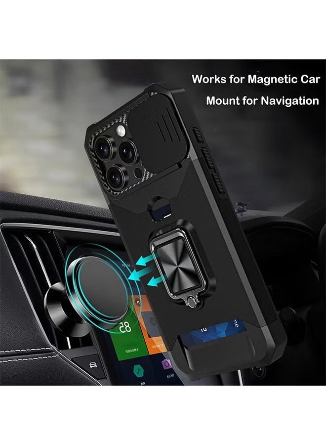 iPhone 16 Pro Case Cover with [Card Holder] [Slide Camera Cover] [360° Rotate Ring Kickstand] Heavy Duty Protective Phone Case for iPhone 16 Pro Back Cover Mobiles Accessories - Black - Image 3