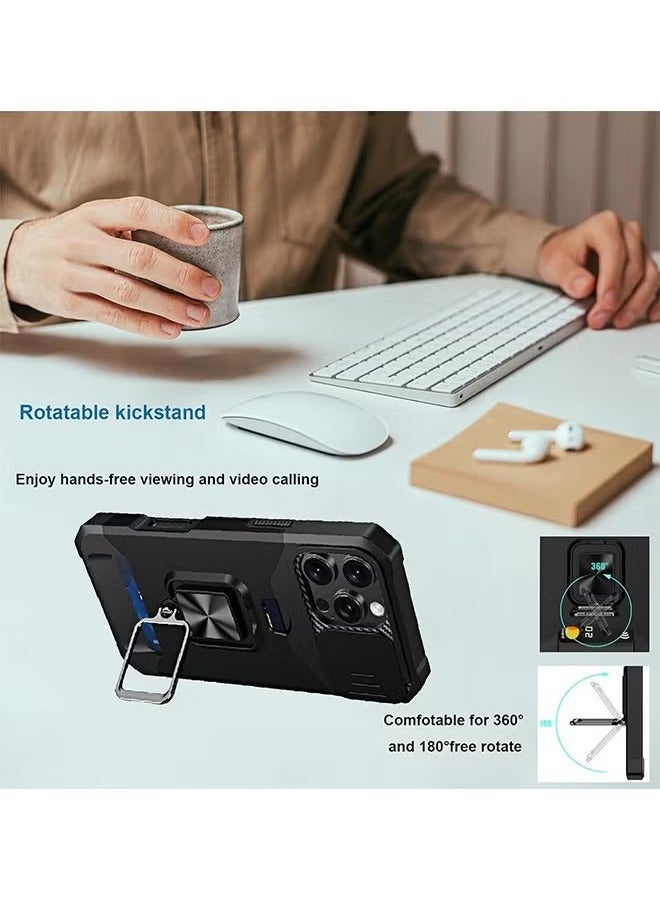 iPhone 16 Pro Case Cover with [Card Holder] [Slide Camera Cover] [360° Rotate Ring Kickstand] Heavy Duty Protective Phone Case for iPhone 16 Pro Back Cover Mobiles Accessories - Black - Image 4
